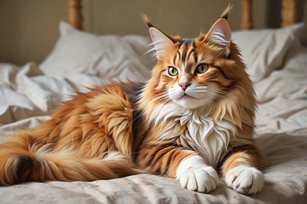 A calico maine coon scratching itself on a bed.