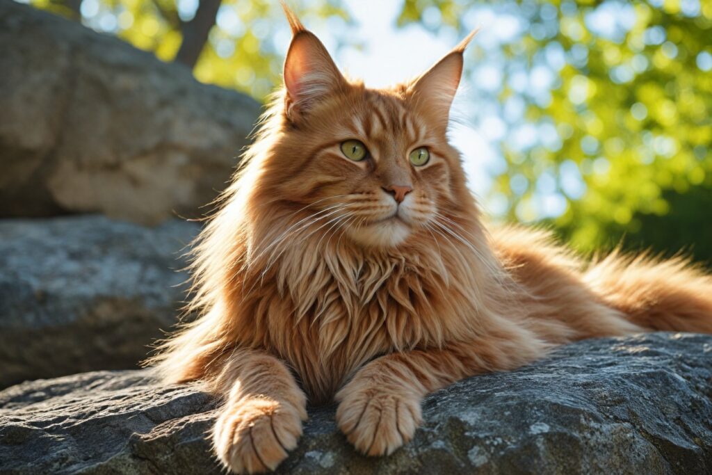 A ginger fluffy maine coon lying on rock on a sunny day.