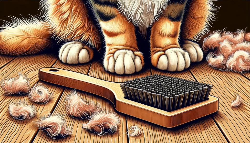 A ginger maine coon fur on a floor with  a purple brush.