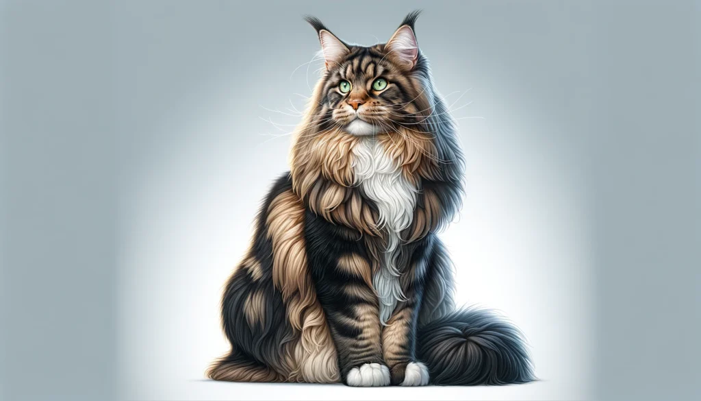 A majestic Maine Coon cat sitting gracefully, featuring a wide format. The cat has striking green eyes, a luxurious multicolored coat in shades of bro