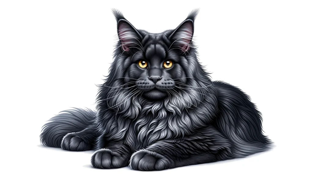 A serene black-gray Maine Coon cat lying down, featuring a wide format. The cat has deep yellow eyes and a fluffy dark gray coat with hints of lighter