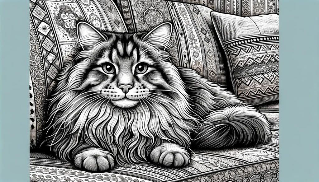 A tabby maine coon with a grumpy face lying on a couch.