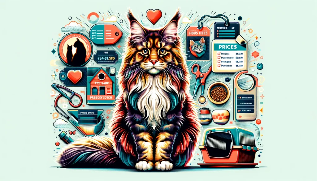 A wide, detailed vector illustration for an article titled 'How Much is a Maine Coon Cat_ Prices, Factors, and Tips for New Owners'. The image shows a