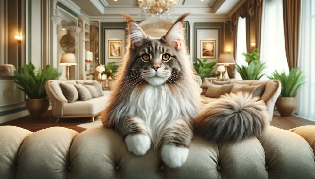 A wide, high-resolution image depicting a majestic Maine Coon cat in a lush home environment. The image shows a large, fluffy Maine Coon with distinct