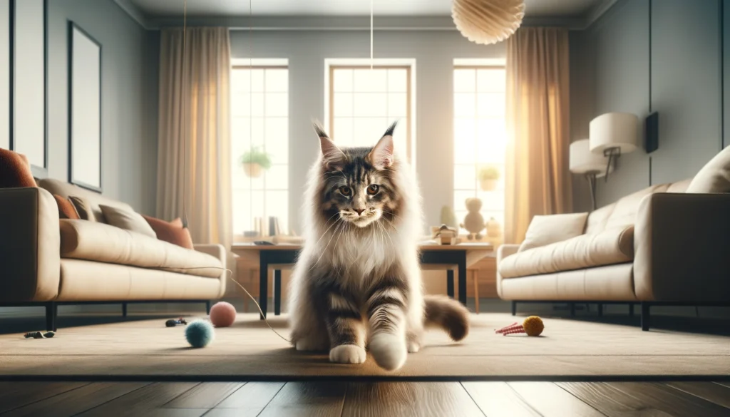 A wide, inviting indoor scene of a Maine Coon cat playing with a toy in a spacious living room. The cat is large, with fluffy fur and distinctive tuft