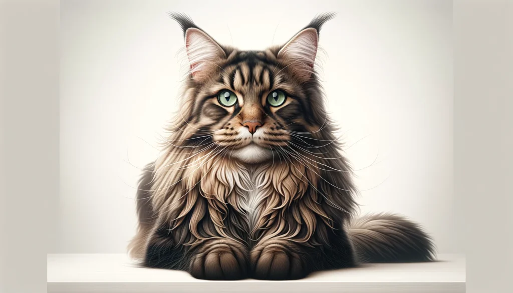 A-wide-vector-style-image-of-a-majestic-Maine-Coon-cat-with-long-layered-brown-and-black-fur-and-piercing-green-eyes-sitting-on-a-white-surface.-The