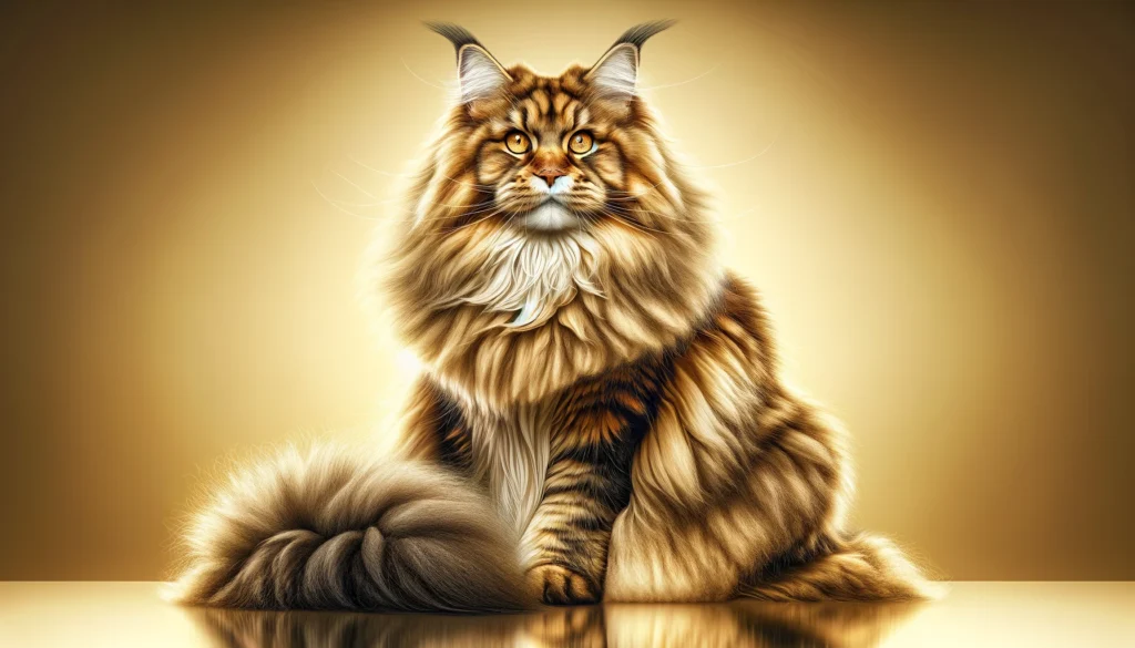 A wide vector style image of a majestic, full-grown Maine Coon cat with luxurious golden-brown fur and striking amber eyes, seated elegantly on a refl