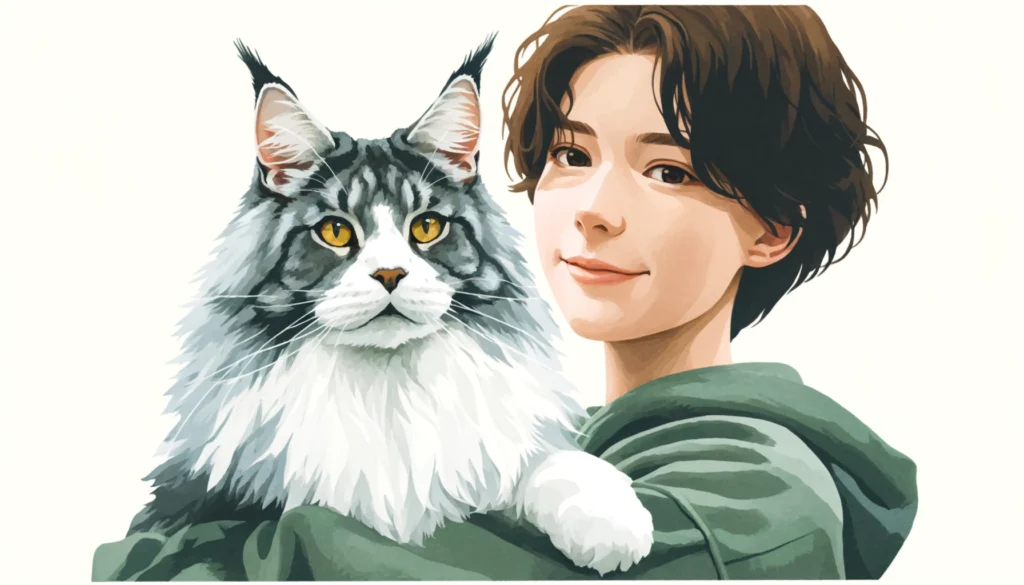 A wide vector style image of a person wearing a green jacket, holding a large Maine Coon cat with striking gray and white fur and yellow eyes. The bac