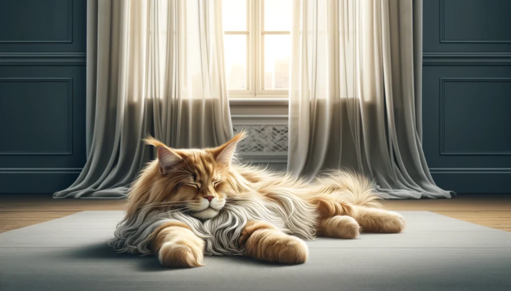 A wide vector style image of a relaxed, sprawling Maine Coon cat with lush golden fur, lying on a gray floor next to a window with white sheer curtain