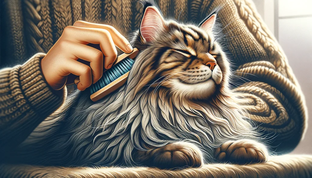 A wide vector style image of a serene, elderly Maine Coon cat being gently brushed by a human hand. The cat has luxurious long fur in shades of brown