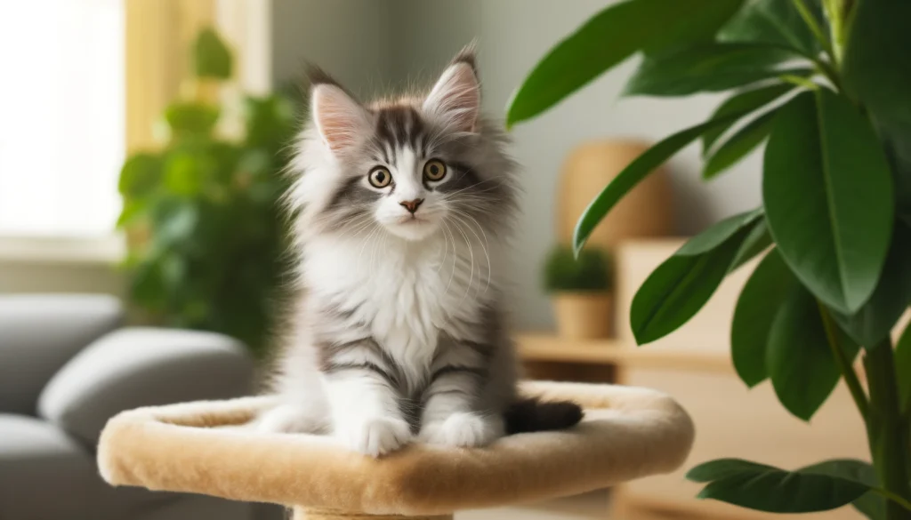 A wide vector style image of a young, fluffy Maine Coon kitten with striking gray and white fur and wide yellow eyes, standing on a beige cat perch.