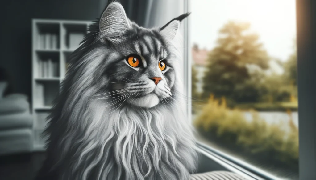 A wide vector style image of an elegant Maine Coon cat with striking long gray fur and intense orange eyes, looking out a window. The cat’s fur has in