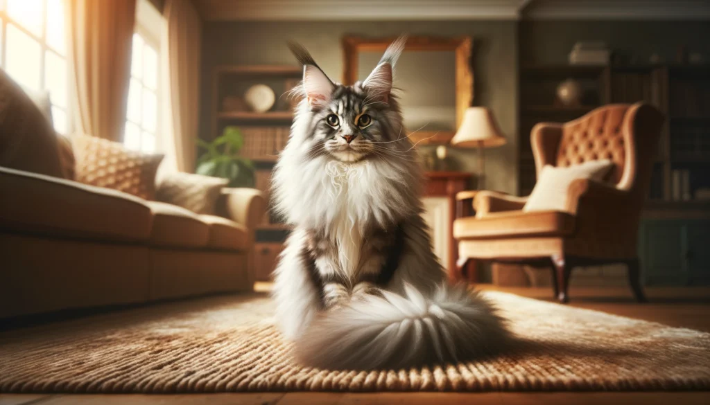 An elegant Maine Coon cat with a fluffy tail and distinctive tufted ears, sitting gracefully in a cozy indoor setting. The cat has a luxurious grey an