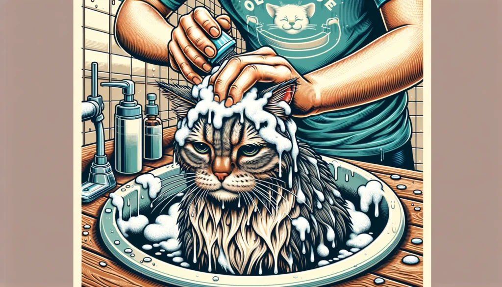 An owner bathing a ginger maine coon.