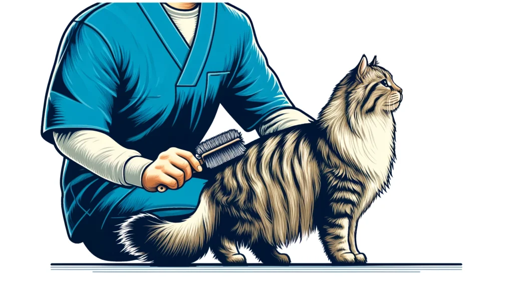 An owner brushing a tabby maine coon on a table.