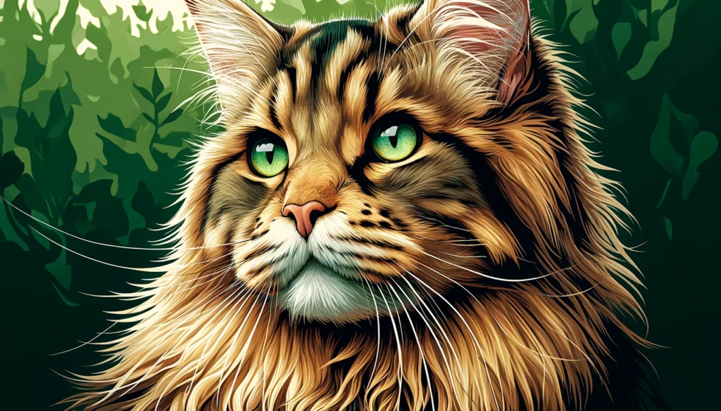 Close-up of a majestic Maine Coon cat with vivid green eyes and a striking striped coat featuring various shades of brown and tan. The cat's face show