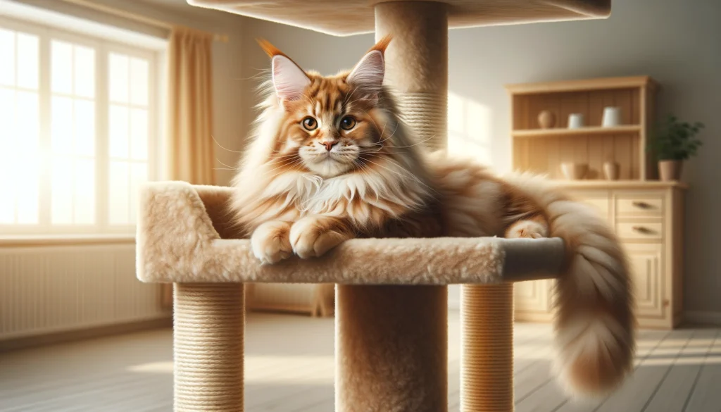 adorable ginger Maine Coon with long, fluffy fur lying comfortably on a cat tree. The Maine Coon lo