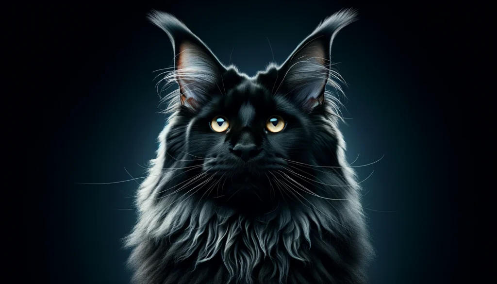 black Maine Coon cat with a sleek, shiny fur texture and prominent ear tufts. The cat has piercing yellow eyes and an