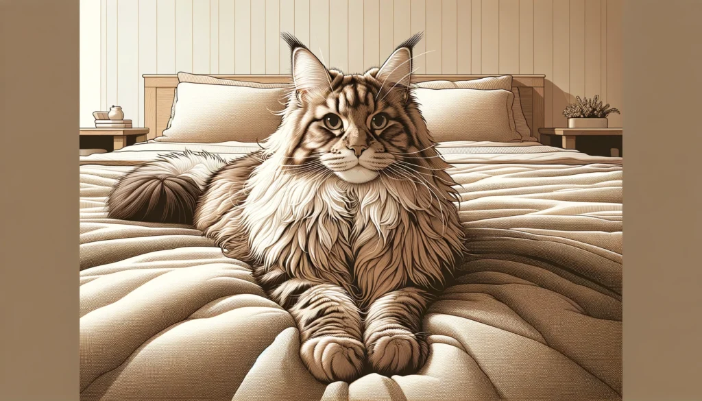 fluffy tabby Maine Coon with long, fluffy fur and distinctive stripes, lying comfortably on a bed. T