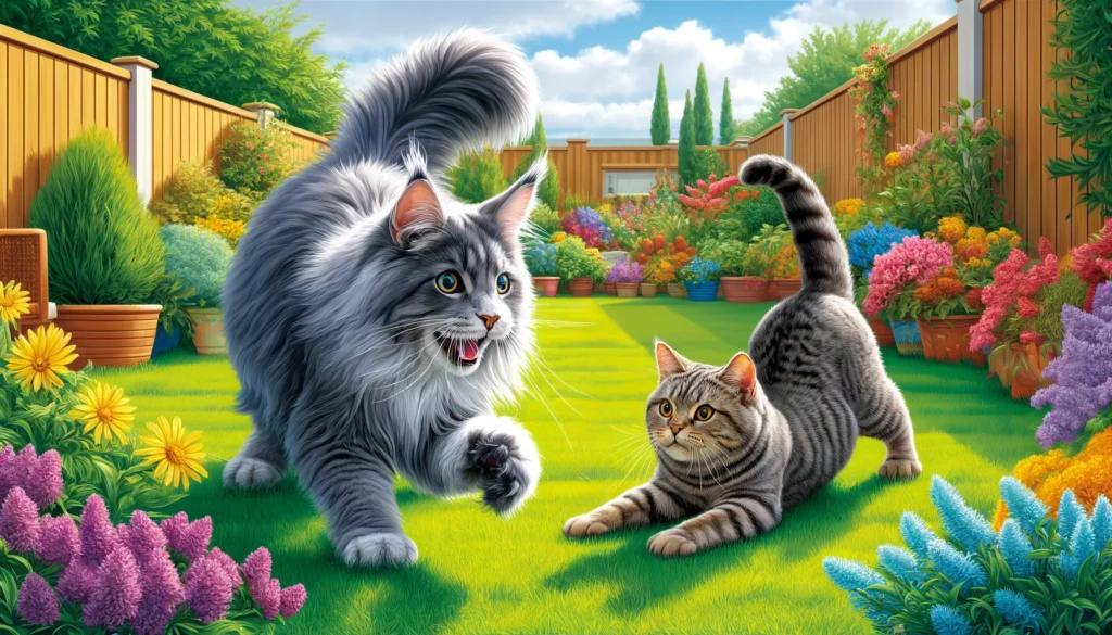 gray Maine Coon with long, fluffy fur and tufted ears, and a tabby British Shorthair with short, den