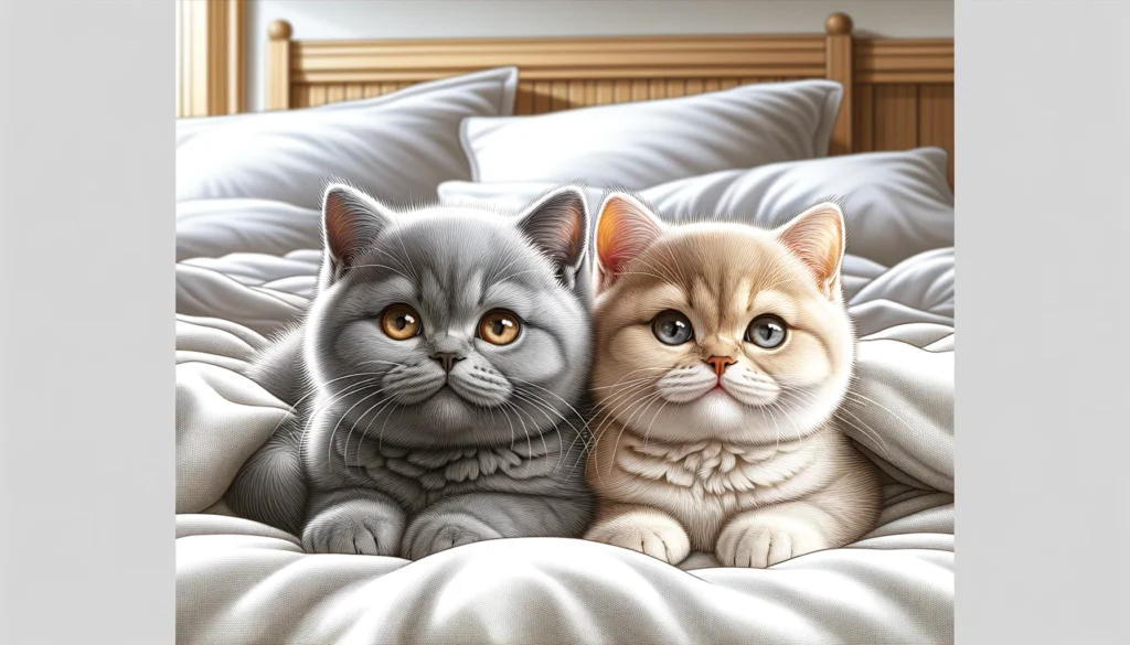 illustration of two adorable British Shorthair kittens with short, dense fur, lying comfortably in a white bed. The ki